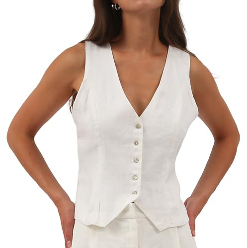 Amazhiyu Chaleco de traje para mujer, de lino, sin mangas, cuello de pico, corto, con botones, ajuste estrecho, correas ajustables, Blanco, M