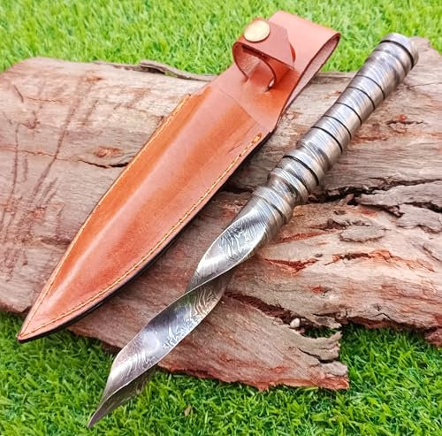 Unique Blades Jagdmesser mit drei Klingen, 25 cm, Damaststahlklinge, spiralförmiges Design, feststehende Klinge, mit Scheide