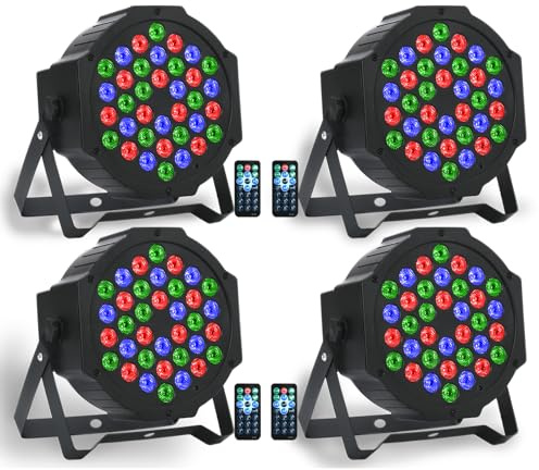 DJ Lights, 36 LED RGB Pair Stage Lights with Sound Activated Remote Control and DMX Control for Wedding, KTV, Nightclub, Christmas Party Lighting (4 Pack)