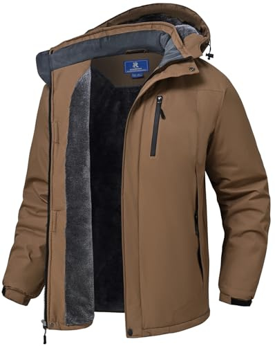 SPOSULEI Herren Winter Fleecejacke Warme Verdickt Gefüttert Skijacke Outdoor Winddicht Wasserdicht Jacke mit Abnehmbarer Kapuze für Wandern