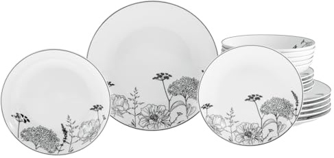 CreaTable, 22673, Serie Luna Black Flower, 18-teiliges Geschirrset für 6 Personen, Teller Set aus Porzellan, spülmaschinen- und mikrowellengeeignet, Qualitätsproduktion