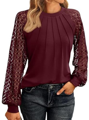 Générique Acheter en Ligne Blouse Chemisier Dentelle Manches Découpées Tee Shirt Manches Longues Couleur Unie Col Rond Chic Élégante Décontractée Vin