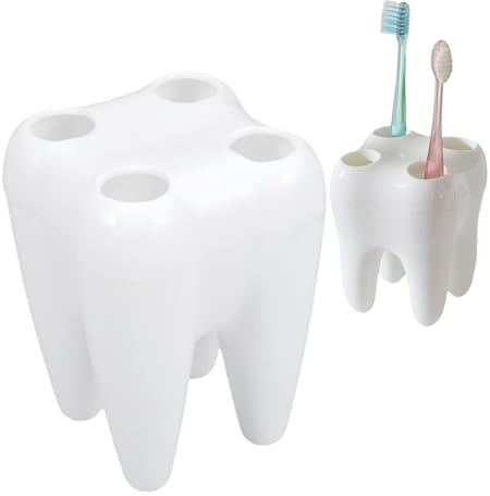 Gvblkq Soporte para cepillo de dientes, soporte para cepillos de dientes en forma de diente, almacenamiento multifuncional para el baño, soporte para cepillos de dientes de 4 agujeros, soporte para