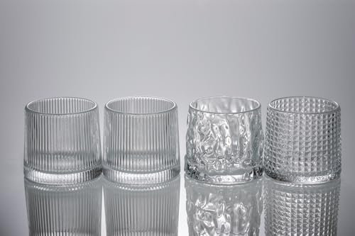 Airsien Set di 4 bicchieri di cristallo da whisky premium, 150ml, per cognac, bourbon, scotch, cocktail, rum, whisky, bar (4, 2 motivo a righe verticali+1 Motivo ondulato+1 motivo a quadri)