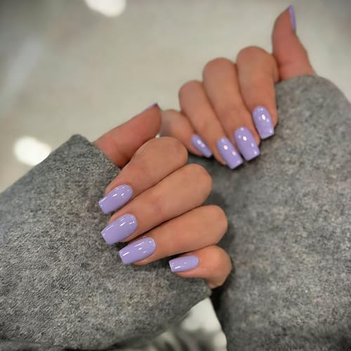 KQueenest Light Purple Press on Nails Short Medium Square, Pastel Lilac False Nails Short Coffin, Glossy Natural Solid Fake Nails Set, Reusable Gel Stick on Nail for Women Finger Daily Wear 24 Pcs