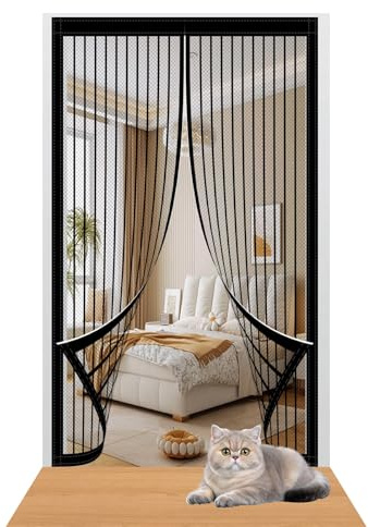 Magnetic Door Curtain 82 x 225 cm Easy to Install Without Drilling Door Fly Screen Curtain Automatically Closes/Keep Open Feature for Home Office Balcony Patio Garden, Black