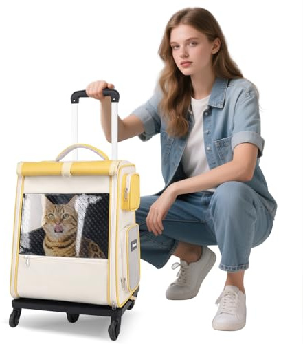 PETCUTE Katzen Rucksack mit Rädern,Hunderucksack für Große Katzen Hunde bis 7.5kg,Faltbare Atmungsaktive Haustier Rucksack mit Innerer Sicherheitsleine und Haustiermatte,Airline Zugelassen,Gelb
