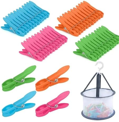 DIGNFENG 48 pcs Epingle a Linge en Plastique Colorées avec Panier, Pinces à Linge Extérieur Solides, Épingles à Linge sans Trace, Étendoir, Vêtements et Sacs