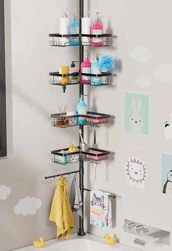Taozun Duschablage Ohne Bohren Ecke - Rostfreie Duschregal Teleskop 4-stufige (63,5-290 cm) | Badezimmer Organizer Badregal mit Haken, Große Kapazität Duschgel Halterung, Schwarz