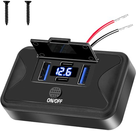 Daakro 4-Port USB Ladebuchse 12V Autoladegerät,mit LED Anzeige Dual QC3.0 USB & Dual PD3.0 Typ C Handy Schnellladegerät Wasserdicht mit Schalter für 12 V / 24 V Wohnwagen, Autos, LKWs