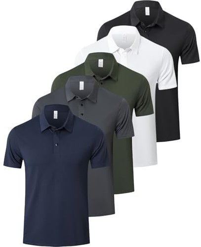 ZENGVEE 5 Pack Men's Polo Shirts Short Sleeve Quick Dry Golf Polo Shirt for Men Adult UK Breathable Outdoor Sport Casual Work Golf Tennis Tops Classic Polo Collared T-Shirts（P8050-BGW Navy Green-3XL）