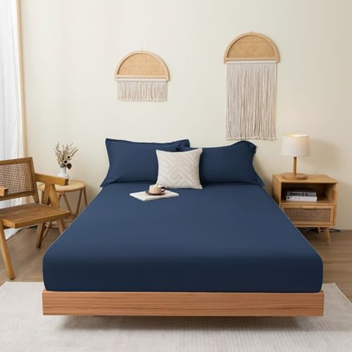 Tolldek Sábana bajera ajustable azul marino, fina, monocolor, con goma elástica, algodón, textiles, juego de ropa de cama clásica, funda de cama, protector para colchón, 200 x 220 cm