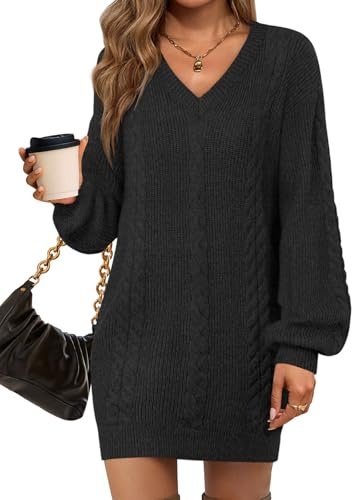 Saodimallsu Abito Lavorato a Maglia Abito Maglione da Donna Scollo a V Abito Autunnale Abito Oversize Lavorato a Maglia Abito Mini Sexy, Nero, M