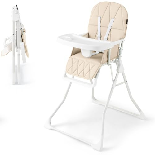 Maxmass Foldable High Chair, Compact High Chair with 3-Position Adjustable Dishwashable Tray, Removable Seat Cushion, 5-Point Safety Harness, Highchair for Baby Infant (Beige Without Basket)