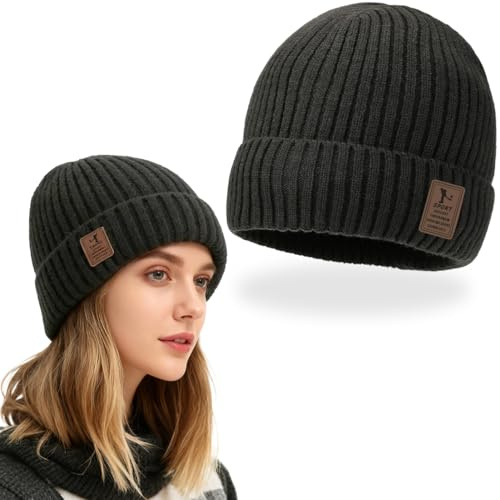 EJRUP Gorro Invierno Hombre y Mujer de Lana Merino, con Forro Polar,Invierno Termicos Gorro Beanie de Punto, Suave y Elástico, Gorro de Punto Grueso(Gris oscuro)