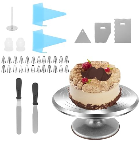 Huini Professionelles 35-teiliges Kuchen-Drehteller Set mit 24 Spritztüllen, Edelstahl-Messern & Aufbewahrung – Drehplatte 30cm für Torten, Cupcakes – Ideal für Anfänger & Konditoren