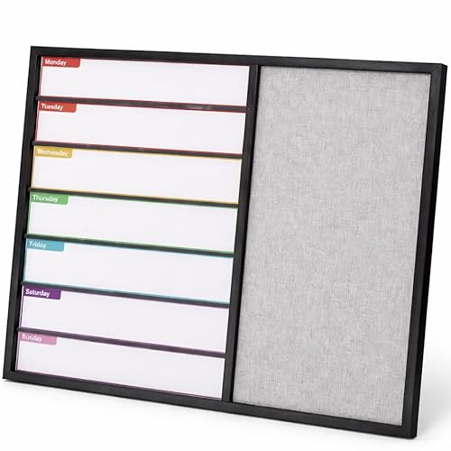 7 Day Weekly Planner White Board with Pin Board Combo, 60x40 cm Bulletin & Dry Erase Board, Wooden Frame Wall Planner Board for Home, Office & School (Black)