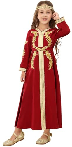 PLWEDDING Mädchen Kaftan Kleid, Rot mit Gold Stickerei, Lange Ärmel, Traditionelles Marokkanisches Design, Festliche Abaya