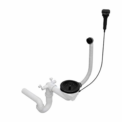 QLS Sifone da incasso automatico per lavello della cucina | scarico salvaspazio 3 1/2 pollici | con aste di scarico e collegamento per lavastoviglie e lavatrice | acciaio inox e PVC (nero)