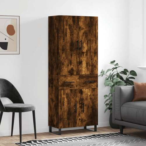 Highboard affumicatura 69,5 x 34 x 180 cm, in legno con piedini in metallo e porte pratiche per molto spazio, mobili da soggiorno durevoli con aspetto elegante