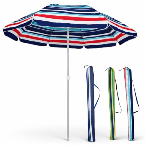 DANYX Ombrellone Mare Spiaggia 200cm Antivento Palo Alluminio UV50+ Inclinabile con Custodia e Punta a Trivella Decoro Strisce