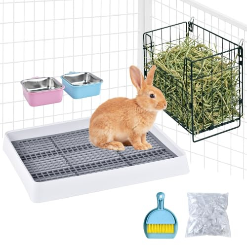 Vehomy Kaninchentoilette mit Heu-Futterstation, Hase, Einweg-Käfigeinsatz, Edelstahl-Futterschalen, Kleintier-Toiletten-Trainingstablett für Kaninchen, Meerschweinchen, Chinchilla, Frettchen, Galesaur