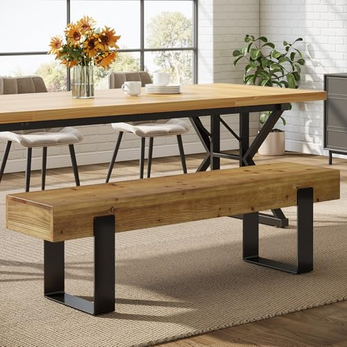 TRIBEWOOD 160cm Solid Wood Dining Bench with Metal Legs | Farmhouse Industrial, Entryway & Bedroom Use, Rustic Brown Finish, Long Kitchen Seat