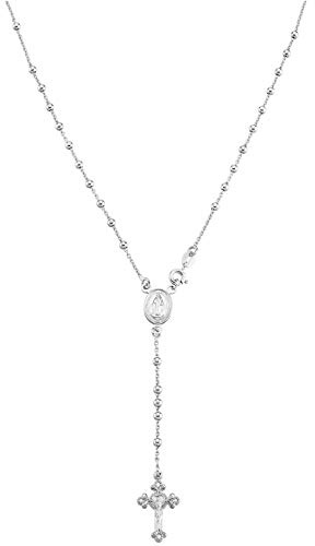 Miabella Italian 925 Sterling Silver or 18K Gold Plated Rosary Bead Cross Y Necklace Chain for Women (sterliing silver, Length 20 Inches)