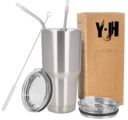 Y·J&H Y·JH 30oz (850ml) Bicchiere da viaggio Tazza da caffè a doppia parete isolata sottovuoto Tazza da caffè in acciaio inossidabile con 2 coperchi antispruzzo, 2 cannucce, senza BPA - Argento