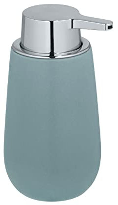 WENKO Seifenspender Mod. Badi, nachfüllbarer Flüssigseifenspender aus hochwertiger Keramik mit Matter Oberfläche, Pumpkopf aus robustem Kunststoff, Füllmenge 320 ml, 9,5 x 16 x 8 cm, Blaugrau