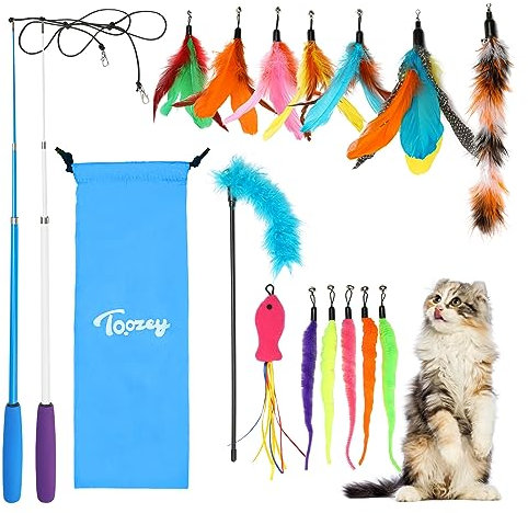 Toozey Katzenspielzeug 16 Stück, Katzen Spielzeug mit 2 STK versenkbare interaktive Katzenangel und 14 STK Feder/Bug/Fisch Ersatz mit Glocken, Bonus Aufbewahrungstasche