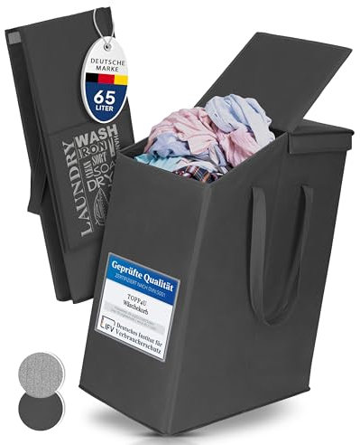 TOPP4u schmaler Wäschekorb mit Deckel - 65 L - 25 x 45 x 60 cm - Faltbarer Nischen-Wäschesammler - platzsparende Wäschetonne - Wäsche-Organizer Grau