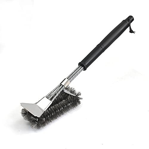 RIKAMA® robuste BBQ Grillbürste aus Edelstahl mit Schaber und Kunststoffgriff | Reinigungsbürste | Grilldrahtbürstenkopf
