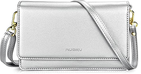 nuoku Petit sac à bandoulière pour femme, pour téléphone portable, porte-carte RFID, portefeuille et sacs à main avec 2 sangles au poignet (max. 6,7 pouces), Petit - Argenté