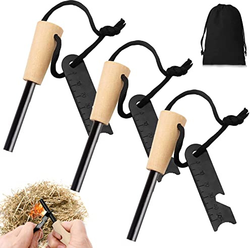 Feuerstahl - Feuerstein, 3 Stück Feuerstarter mit Handmade Griff, Survival Feuerstein Set Magnesium Feuerstarter, Feuereisen Starker Funkenflug für Camping, Outdoor, Survival, Wandern