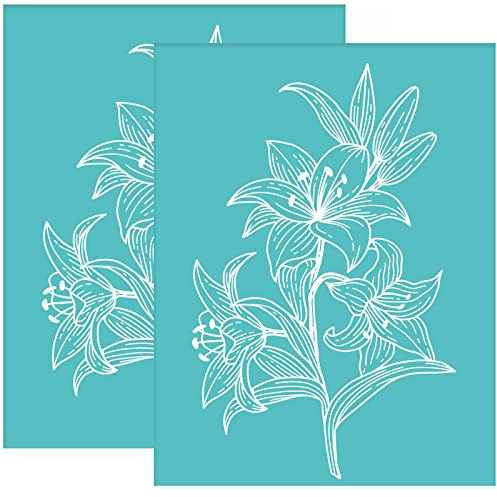 OLYCRAFT 2 stencil per serigrafia con fiori giglio per serigrafia autoadesivi riutilizzabili per pittura floreale stencil trasferimenti rete per stampa su legno decorazione fai da te - 22 x 28 cm
