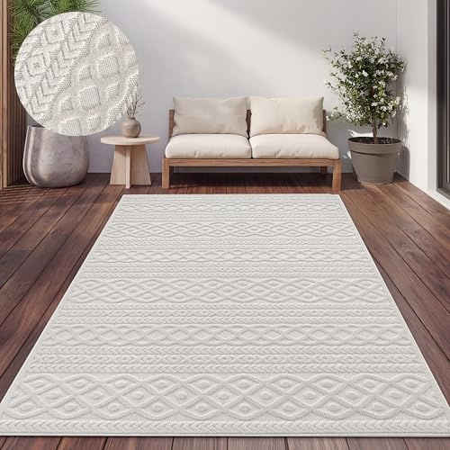 Paco Home Teppich Outdoor Wetterfest, Moderne abstrakte Boho Designs mit 3D Struktur, Pflegeleicht, ideal für Terrasse Wohnzimmer & Küche, Grösse:200x290 cm, Farbe:Creme 4