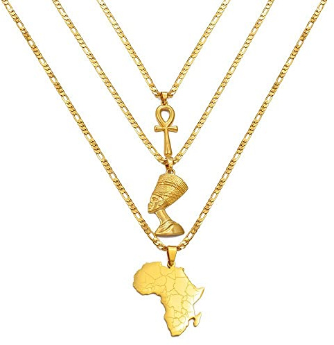 3 Stück Ankh Nofretete Und Afrika Karte Anhänger Halsketten - Vintage Schicke Halsketten Neuheit Patriotischer Schmuck, Klassisches Charm-Zubehör, Hochzeit, Geburtstag, Party, Ethnische Verzierung