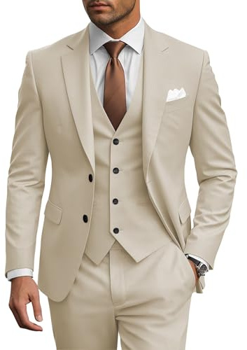 Wangyue Mens Suits 3 Piece Wedding Suits for Men Groom Formal Business Prom Dress Suits,L Beige