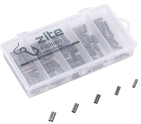 Zite Fishing Doppel Klemmhülsen Sortiment / 5 Größen (0,8-1,6mm) / 100 STK Quetschhülsen Set mit Box/Doppel-Hülsen für Angel-Vorfächer und Angelschnur