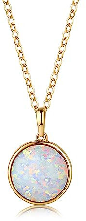 FANCIME Solide 14 Karat 585 Gelb Gold Kette mit Rund Opal Anhänger, Geschenk Schmuck für Damen Mädchen - Verstellbares Kette: 40 + 5 cm