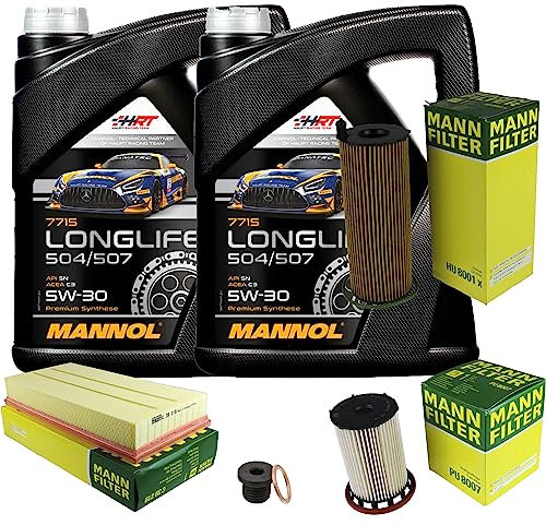 EISENFELS Filter Set Inspektionspaket erstellt mit 10 L Motoröl MANNOL Longlife 504/507 5W-30, MANN-FILTER Ölfilter, Luftfilter, Kraftstofffilter, Verschlussschraube