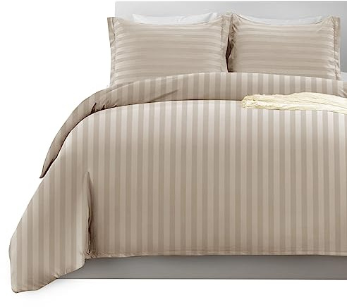 Imperial Rooms Satin Stripe Single Duvet Cover Set - Premium Hotel Quality Quilt Cover Single Bedding Set 2 Pcs - Ultra Soft Duvet Cover Single With Button Closure (Beige 135x200 Cm)