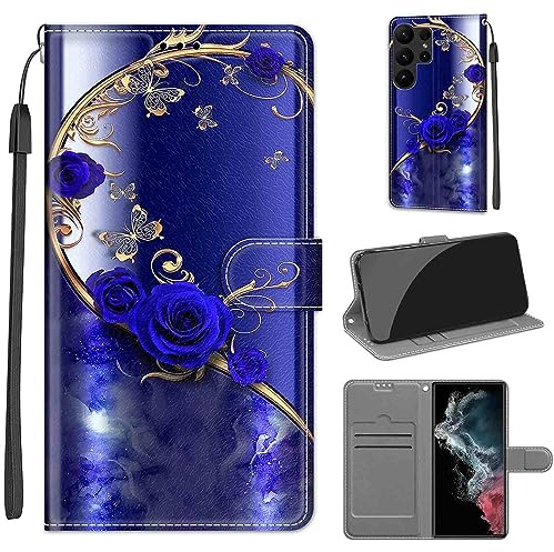Handyhülle für Samsung Galaxy S23 Ultra Hülle, Blaue Rose | Standfunktion, Kartenfach, Magnetisch, Stoßfeste Schutzhülle, Flip Leder, Klapphülle