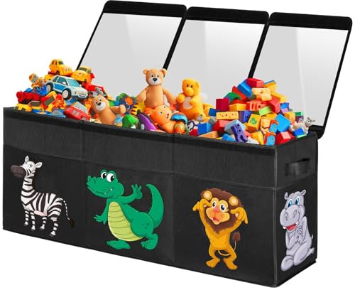 Extra Large Toy Box, Collapsible Sturdy Toy Storage Organizer with Lids, Dinosaur Storage Box for Boys Girls, 42x16x14 Kids Bin Chest Baskets for Living Room, Playroom, Bedroom, Nursery, Black