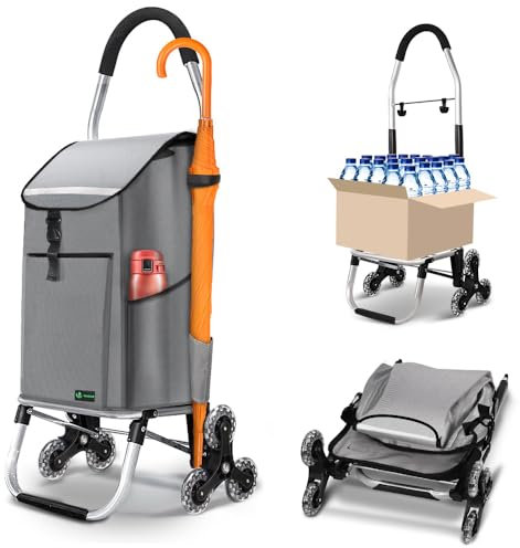 VOUNOT® Carrello Spesa Pieghevole in Alluminio, Carrello Portaspesa 6 Ruote con Borsa Oxford Staccabile e Ganci, 58 L, Grigio