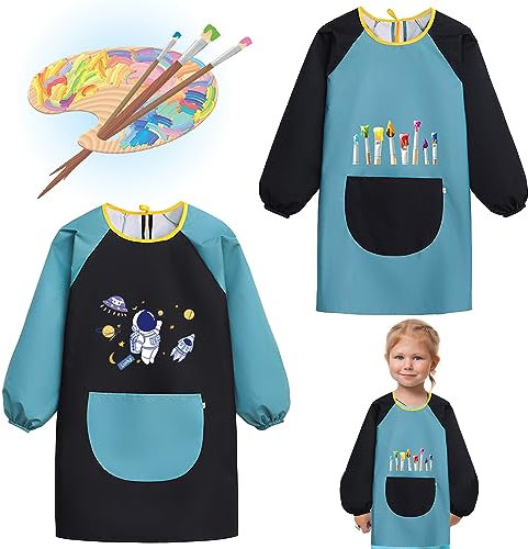 DONGSZQ Malschürze Kinder, Wasserdicht Kinder Malkittel, Bastelschürze für Kinder mit Ärmeln und Big Taschen, für 6-10 Jahre Mädchen/Junge, für Malen & Basteln Backen Kochen (dark green)