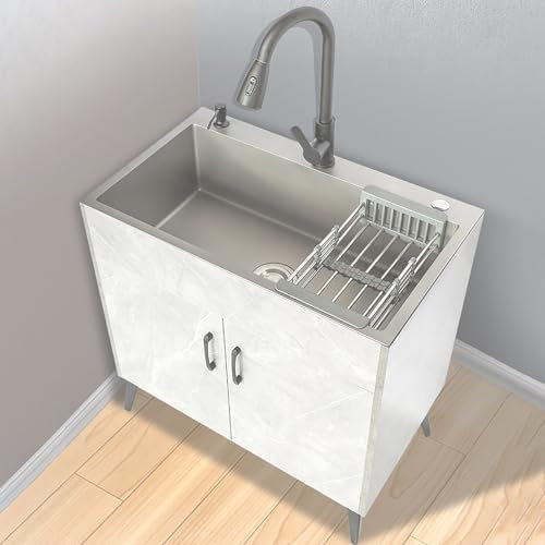 Stainless Steel Utility Sink with Cabinet, Free Standing Catering Commercial Sink for Kitchen, Bathroom, Restaurant, Farmhouse, Laundry (Color: Milk)