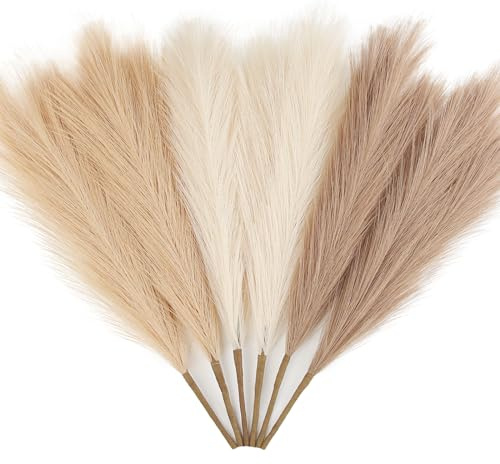 ZIFTY 6-Pcs 17 Pampas Grass Faux Pompas Fluffy Artificial Fake Flower Boho Decor for Vase Filler Ins Style Modern Home Wedding Decorations (Beige Mixed)