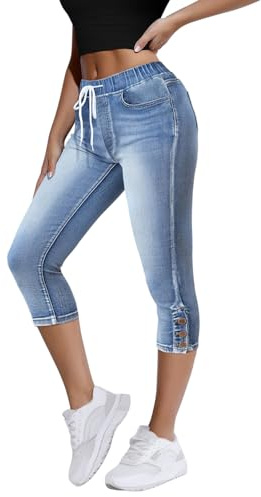 Onsoyours Pantacourt Femme Été Jean Capri Confort Stretch 3/4 Pantalon Taille Haute Décontracté Jeggings en Denim Pants Capri Pantacourt B Bleu M